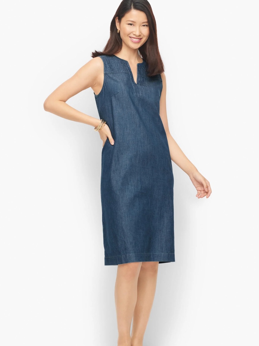 Talbots Embroidered Denim Shift Dress Chambray Blue Sleeveless Size 10